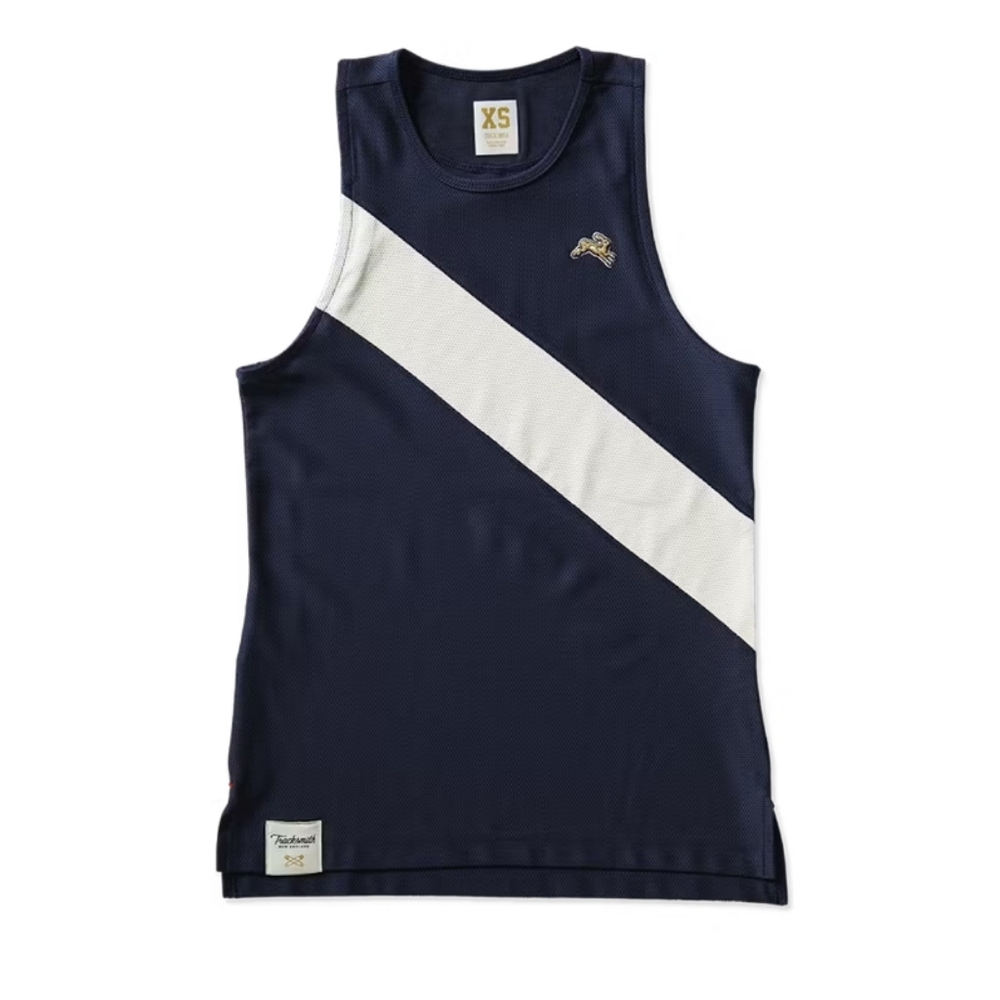 Tracksmith SX Van Cortlandt Singlet Tank Top Navy Blue Ivory Stripe 2:09 Mesh